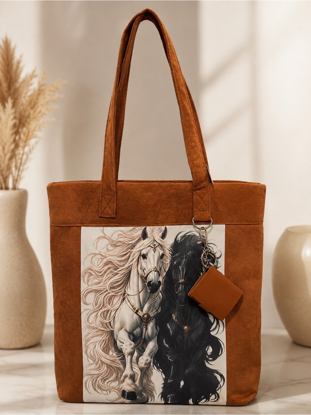 Brown Suede Tote with Two-Horse Print